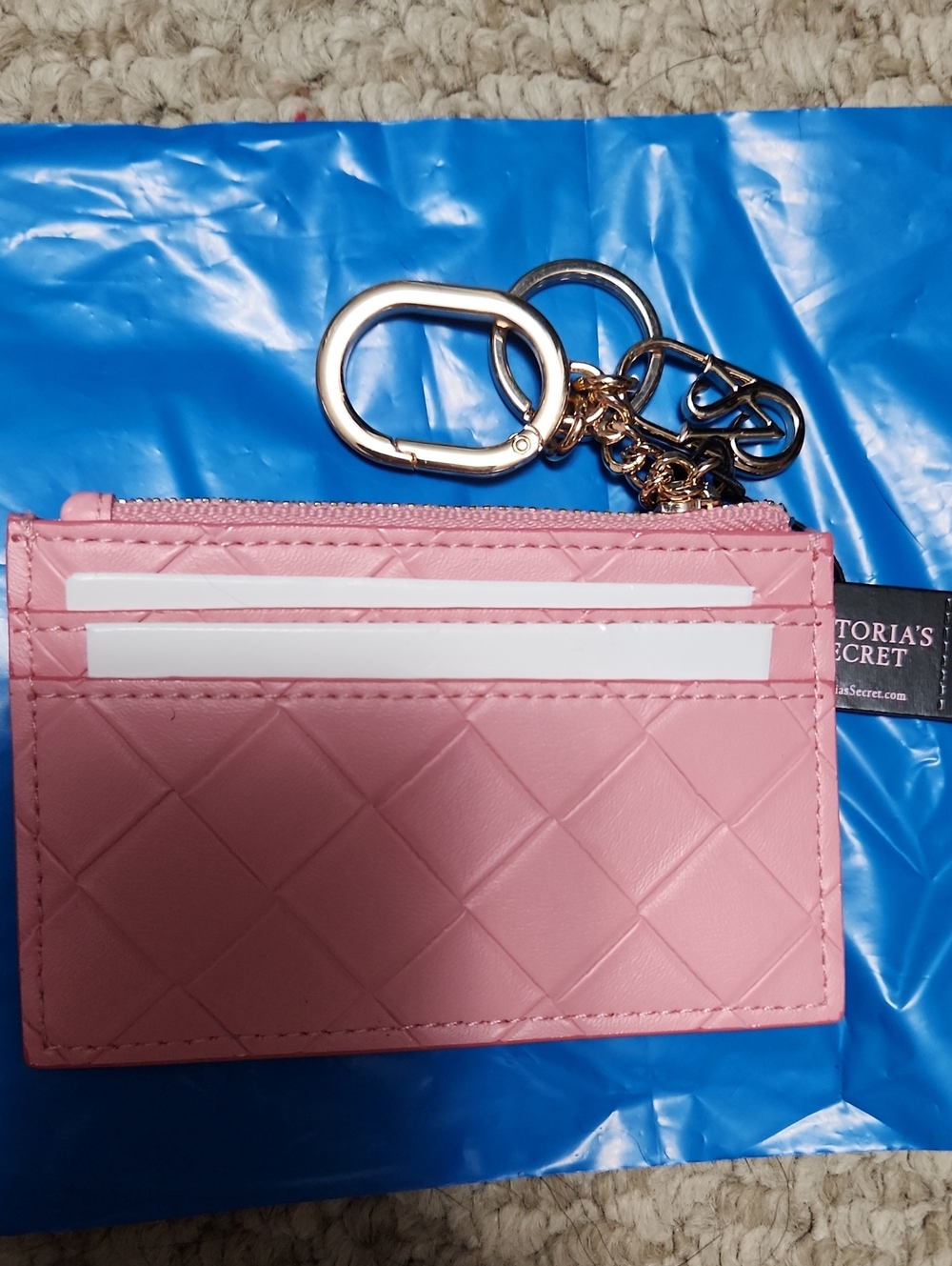 Victoria's Secret Pink Quilted Card Holder Keychain with Gold Hardware